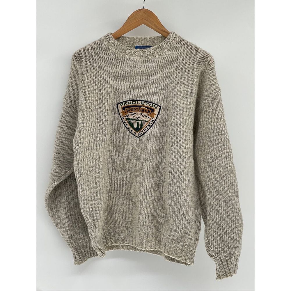 Vintage Pendleton Sweater Men Size Medium Gray Sportsman Rugged Patch Pullover